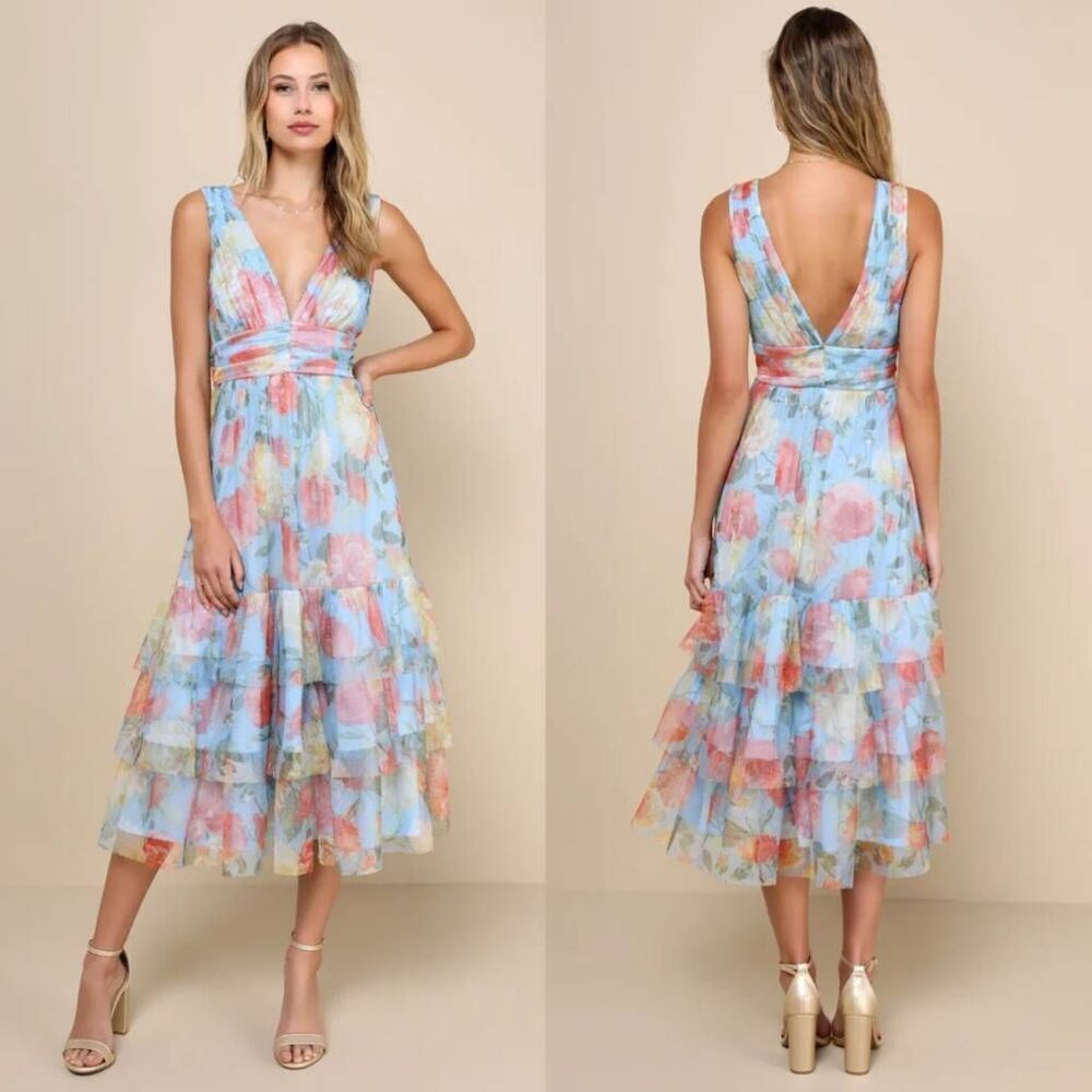 Lulus Perfectly Divine Blue Floral Tulle Tiered Ruffled Midi Dress M NWT